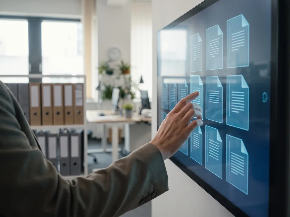 Digitales Dokumentenarchiv auf einem Touchscreen, Aktenordner im Hintergrund