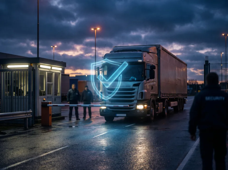 Lkw an einem gesicherten Logistik-Tor in der Dämmerung mit blauem Schild- und Häkchen-Symbol