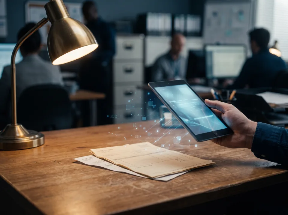 Frachtdokumente werden per Tablet ausgelesen – Daten steigen als Lichtpunkte auf