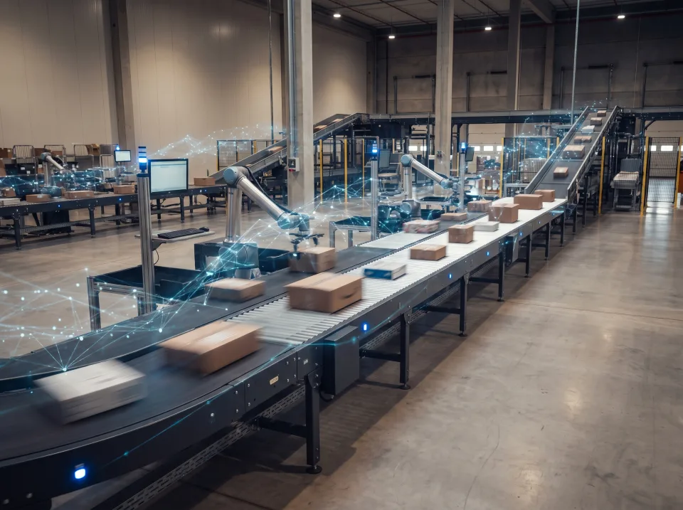 Automatisierte Förderstrecke im Lager mit digitalem Prozess-Overlay