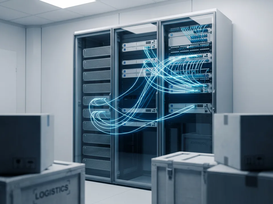 Servernetzwerk mit blau leuchtenden Datenverbindungen zwischen Logistiksystemen