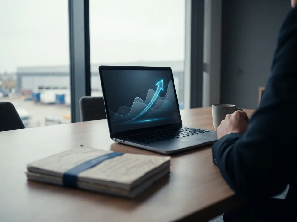 Laptop mit steigender Liquiditätskurve auf einem Schreibtisch, Logistikgelände im Hintergrund